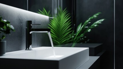 Modern Faucet Pours Crystal Clear Water Into a Sleek Sink, Showcasing Eco-Friendly Practices in a Bright, Stylish Bathroom Generative AI
