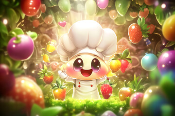 cartoon chef character wearing a large white chef's hat and a apron, surrounded by colorful floating fruits