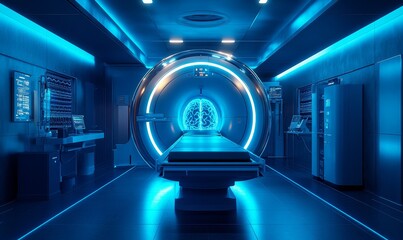 a futuristic medical examination room equipped with advanced scanning technology and a focus on innovation