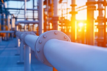 Industrial piping and infrastructure illuminated by sunset at an oil refinery
