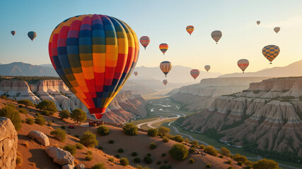 Naklejka premium Colorful hot air balloons floating over a scenic valley.