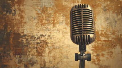 Fototapeta premium Vintage microphone stands against a rustic, textured background, evoking nostalgia and a timeless atmosphere for musical performances