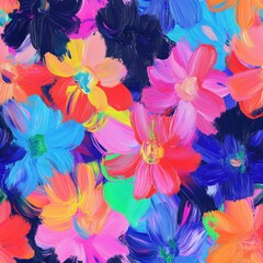 Vibrant abstract flowers in thick acrylic paint showcasing neon colors in a square format