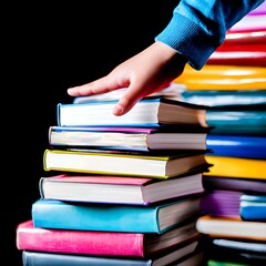 Child's Hand on Book Stack for Dark Background.