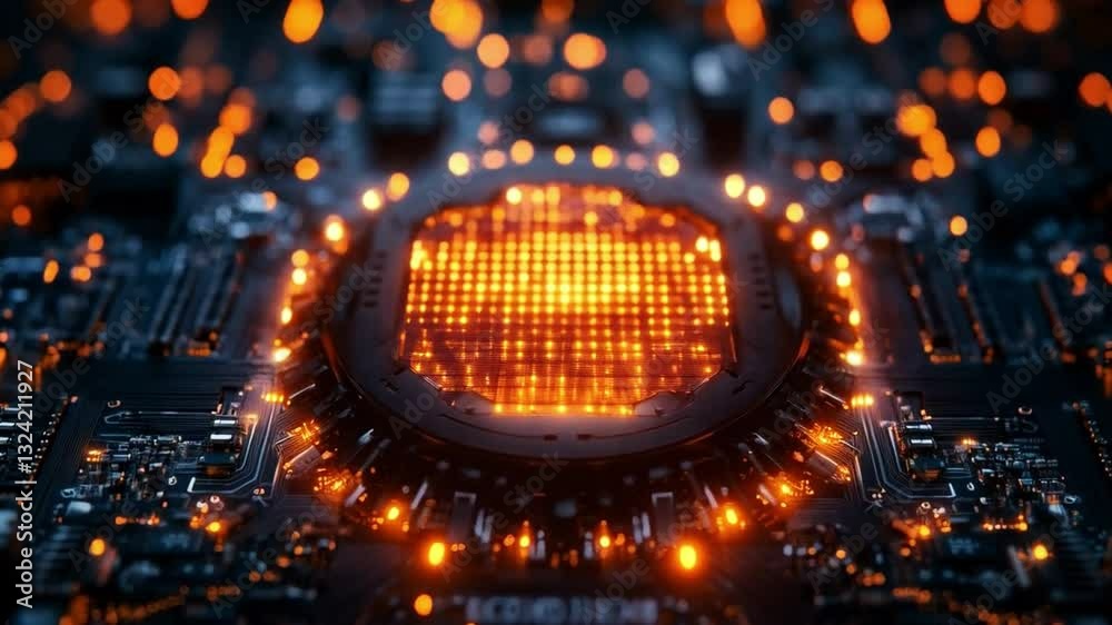 Poster A detailed view of a quantum processor showcasing intricate circuitry, lively with glowing orange lights.