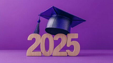 Graduation cap adorns the wooden number 2025 on a vibrant purple backdrop for the Class of 2025 celebration
