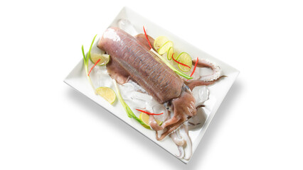 Beautifully decorated fresh squid on a black background