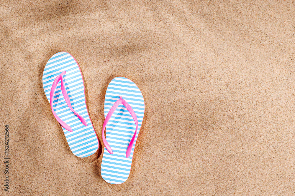Poster a tropical summer background featuring beach sand with palm leaf shadows and a pair of flip-flops