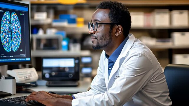 Scientist analyzing brain scans on computer monitors in modern laboratory setting