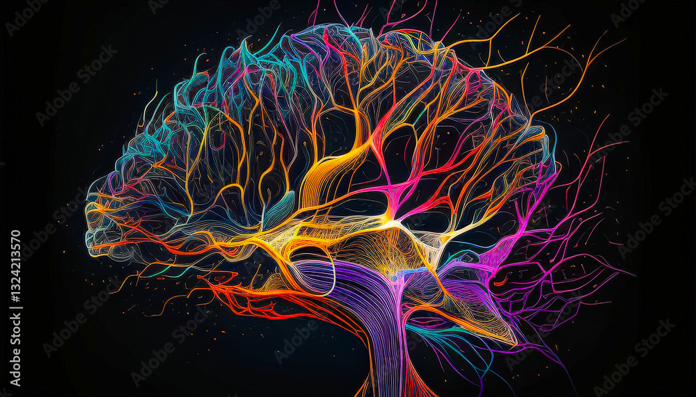 Poster Colorful neural pathways depicted as a tree showcasing creativity and brain function in an abstract style