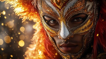 Junkanoo Festival invitation a private costume ball showcasing a dramatic masked figure with rich feathered detailing and golden sparkles ultra detailed opulent card design