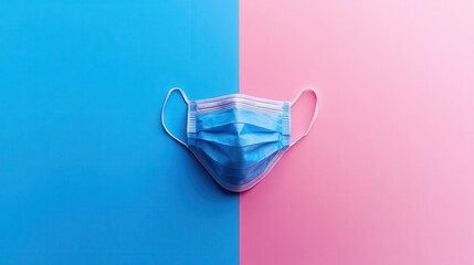 A solitary blue surgical mask lay discarded on a stark pink and blue background, a poignant reminder of the sacrifices and struggles of frontline healthcare workers during the health crisis.