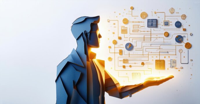 Paper cutout of software developer presenting glowing algorithm flowchart deep navy and bright gold symbolizing programming logic and efficiency