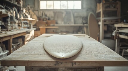 Unfinished surfboard rests on a dusty workbench in a workshop.