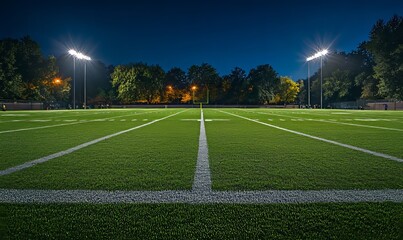 a view of a football field at night, illuminated by bright stadium lights. The green grass is neatly marked with yard lines, and the scene evokes anticipation of a game.