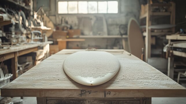 Unfinished surfboard rests on a dusty workbench in a workshop.