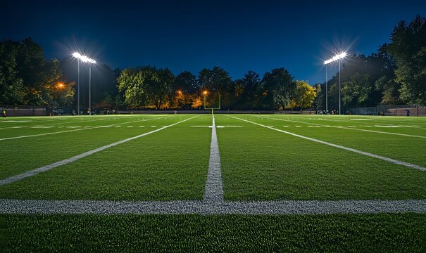 a view of a football field at night, illuminated by bright stadium lights. The green grass is neatly marked with yard lines, and the scene evokes anticipation of a game.