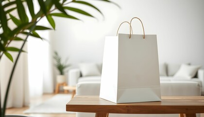 White shopping bag, wooden table, minimalist interior, green plant leaves, soft lighting, beige couch, cozy atmosphere, product photography, lifestyle scene, neutral tones