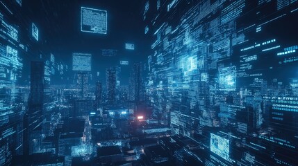 Dark Blue Digital Cityscape with Glowing Code Symbols Floating Above, Representing the Futuristic and Cybernetic Aspects of Artificial Intelligence Technology in Urban Life