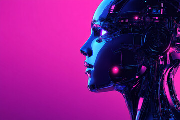 Stunning futuristic female robot head profile neon pink blue ai 3d art modern future vision science