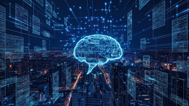Futuristic Digital Brain Floating Above an Urban Cityscape, Surrounded by Glowing Data Streams and Code Symbols Representing Advanced AI Technology