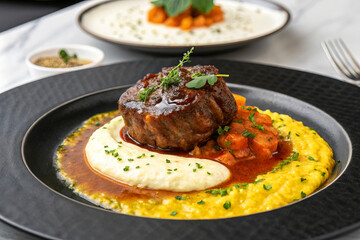 Gourmet Dish with Tender Meat, Creamy Sauce, Carrots, and Polenta Served on Elegant Plate