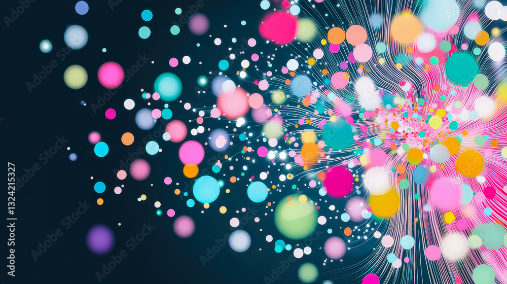 Poster colorful abstract design with vibrant circles radiating against a dark background