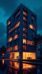 Futuristic office building with illuminated windows in the dark, contemporary, night, high-rise
