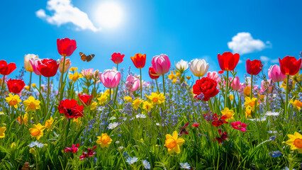 Naklejka premium Vibrant garden filled with blooming flowers under a clear blue sky in springtime