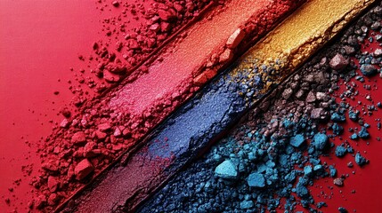 A vibrant red backdrop explodes with color, revealing a rainbow of eyeshadow hues, ready to be transformed into a captivating masterpiece.