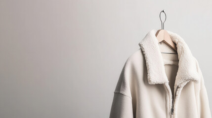 Exploring cozy fashion trends white fleece jacket displayed indoors minimalist style contemporary viewpoint