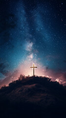 Obraz premium Serene Spiritual Landscape With a Golden Cross Under the Night Sky