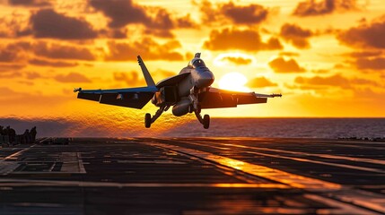 Fototapeta premium Fighter jet landing at sunset with orange sky and large setting sun after a combat mission. Tornado Fighter Bomber