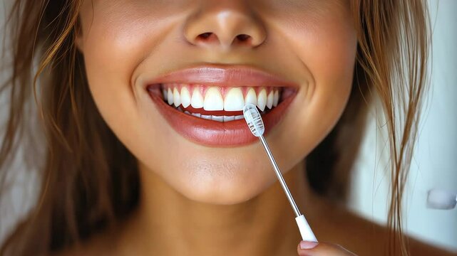 Close-up of a smiling woman using an oral irrigator or water flosser