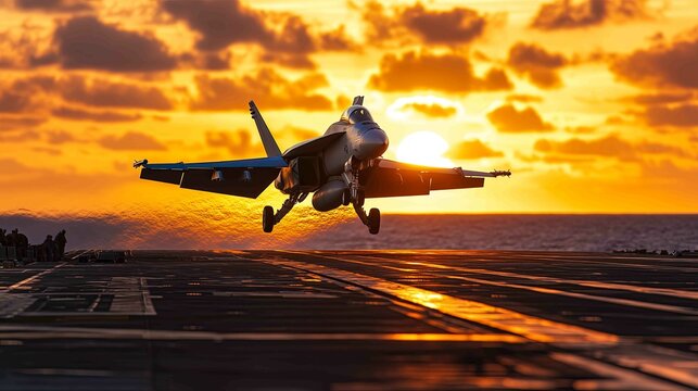 Fighter jet landing at sunset with orange sky and large setting sun after a combat mission. Tornado Fighter Bomber