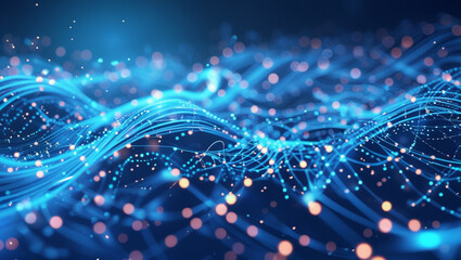 Glowing abstract DNA molecule background with dynamic blue light and digital wave pattern