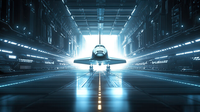 Space shuttle launch preparation aerospace hangar digital art futuristic environment eye-level view cutting-edge engineering