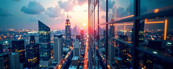 Fototapeta premium Glass exterior of a financial tower reflecting the city below, corporate, corporate, cityscape