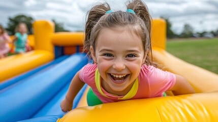 Joyful girl playing on colorful inflatable bounce house outdoor