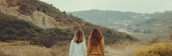 Two women hiking together on a path, enjoying scenic views of mountains. They are surrounded by nature, promoting exploration and a sense of connection.