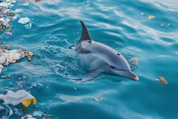 Obraz premium Dolphin swimming around ocean trash