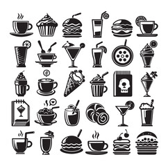 Silhouette icon set of cafe icons, restaurant icon, food and drink icon vector style on white background.