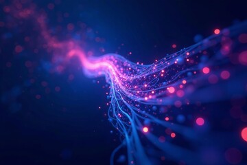 Glowing abstract blue light trails connecting virtual particles in a quantum entanglement simulation, science, simulation, network