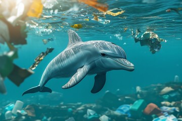 Naklejka premium Dolphin swimming around ocean trash