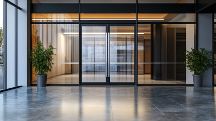 Obraz premium Modern office building entrance with glass doors and plants lobby clean light floor shiny urban