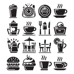 Silhouette icon set of cafe icons, restaurant icon, food and drink icon vector style on white background.