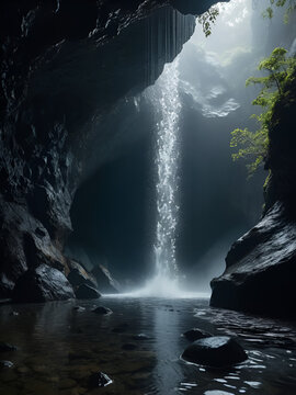 Mystic splashes of rainy water lighting a cave land with black dots in slo-mo