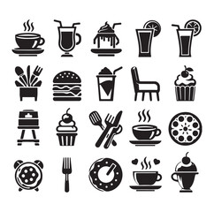 Silhouette icon set of cafe icons, restaurant icon, food and drink icon vector style on white background.