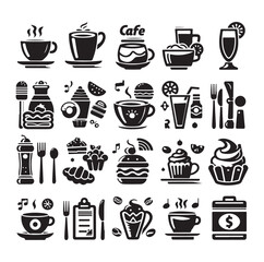 Silhouette icon set of cafe icons, restaurant icon, food and drink icon vector style on white background.