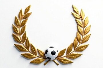 Gold laurel wreath on white background with soccer ball, isolated, design, victory